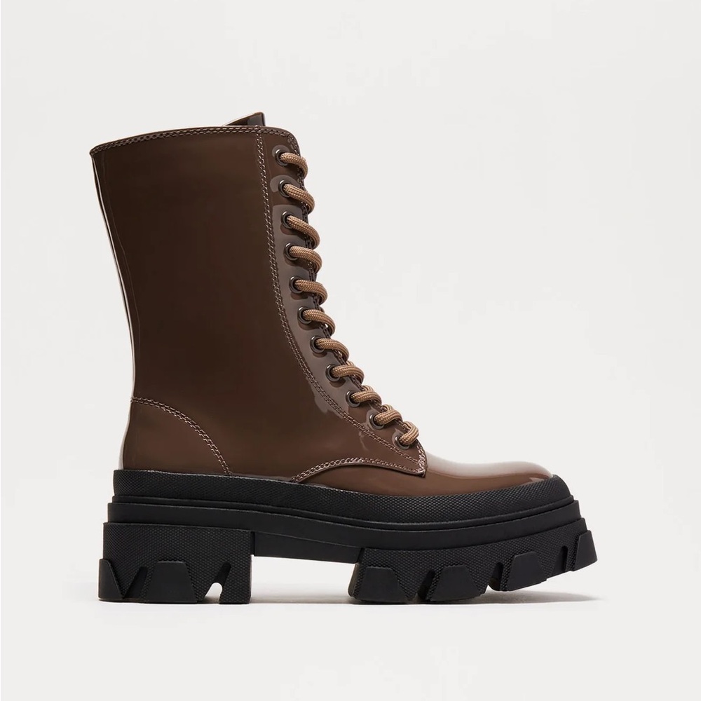 Fashion Nova Glossy Brown Combat Boots